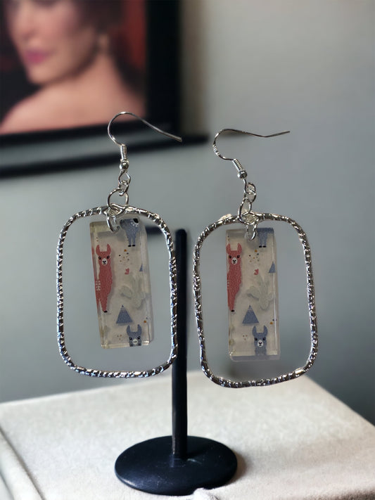 Silver Rectangle Llama Earrings