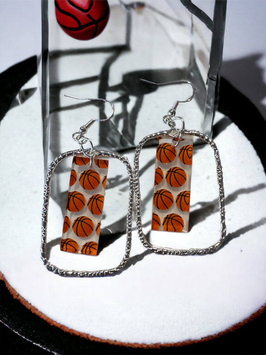 Silver Rectangle Earring with basketballs